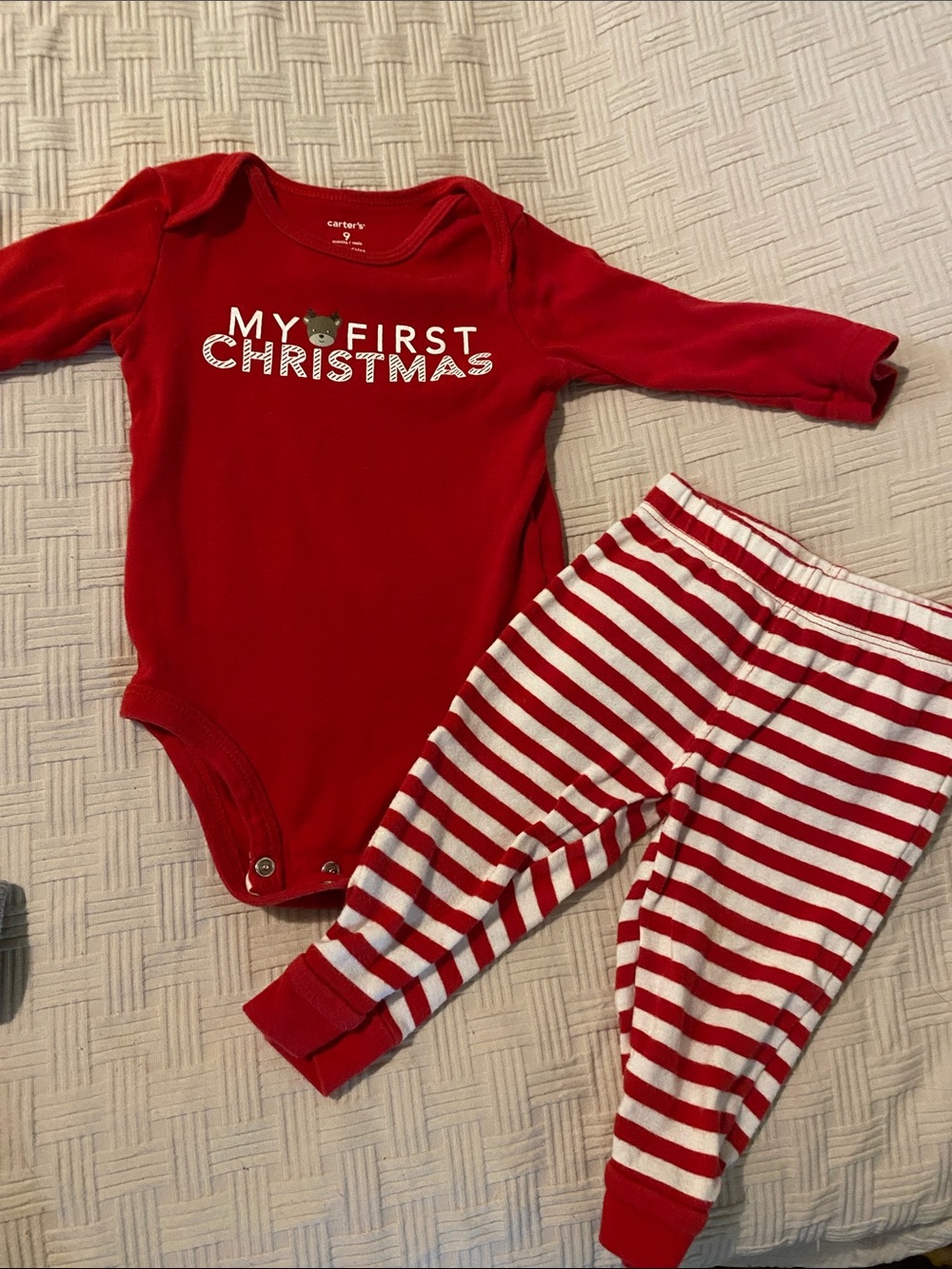 Carter's Red 'My First Christmas' Bodysuit with Striped Pants size 9 month